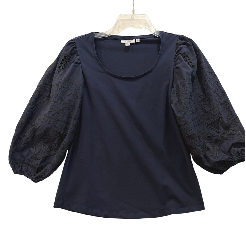Chicos Navy Blue Embroidered Eyelet Balloon Sleeve Knit Top Size 0 Small